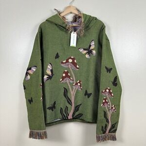 Earthbound Trading Co Unisex M Mushroom Blanket Hoodie Green Tapestry Fringe